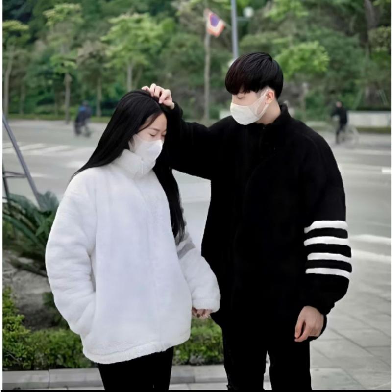 Áo Khoác nỉ Thom Lông Cừu Dày Dặn Phối Kẻ Sọc Tay, Phong Cách Hàn Quốc nam nữ mặc cực chât Cotton Jacket Cotton Jacket Menswear Trắng 7