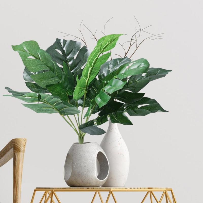 Indoor Artificial Green Lifelike Turtle Leaf Bouquet / Simulation Tropical Fake Monstera Fabric Leaves / Tabletop Foliage Balcony Potted Plants Decoration 2