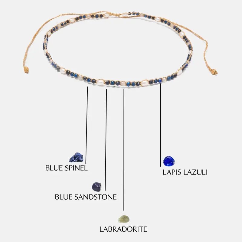 Sky Choker Tali Warna Gold | Kombinasi gemstones lapis lazuli, blue sandstone, labradorite dan blue spinel dan pearl 1