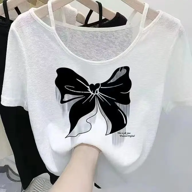 Áo Thun Nữ, Ngầu Và Một Chút Trong Suốt, Thanh Lịch Và Thoải Mái, Thời Trang, ngắn Tay Vai, Mặc Mùa Hè, In Hình, Áo Crop Top Dáng Rộng