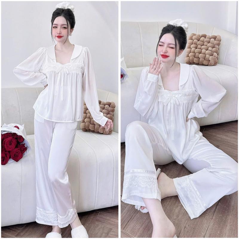 Đồ bộ ngủ pijama áo tay voan cổ vuông quần dài dành cho nữ họa tiết trơn chất liệu lụa latin mềm mịn Women 7