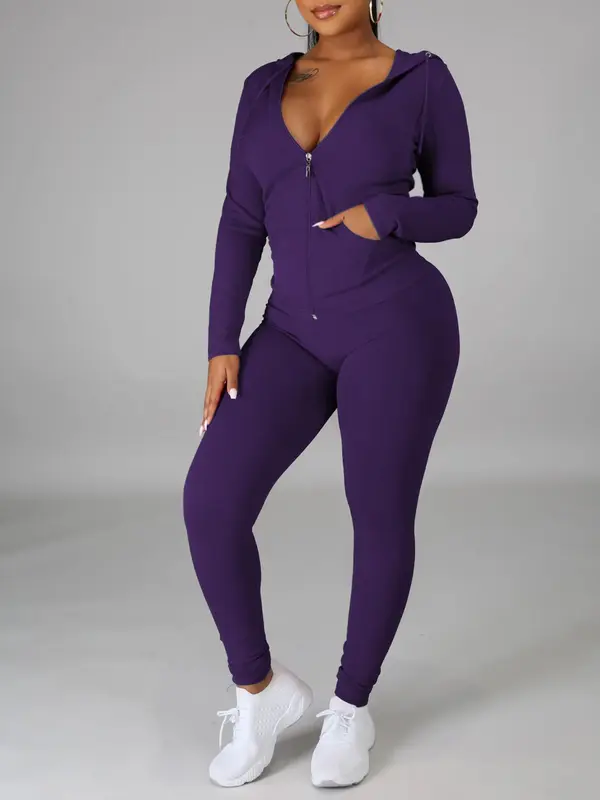 【Plus Size】 Two-Piece Set Solid Zip Up Pocket Hooded Jacket & Pants, Casual Long Sleeve Hooded Top & Trousers for Spring & Fall, Women's Clothes for Daily Wear 1