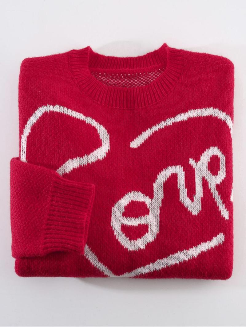 Product Introduction of 【Plus Size】Heart Print Crew Neck Sweater, Casual Long Sleeve Jumper for Daily Outdoor Wear, Women Plus Clothing for All Seasons 4