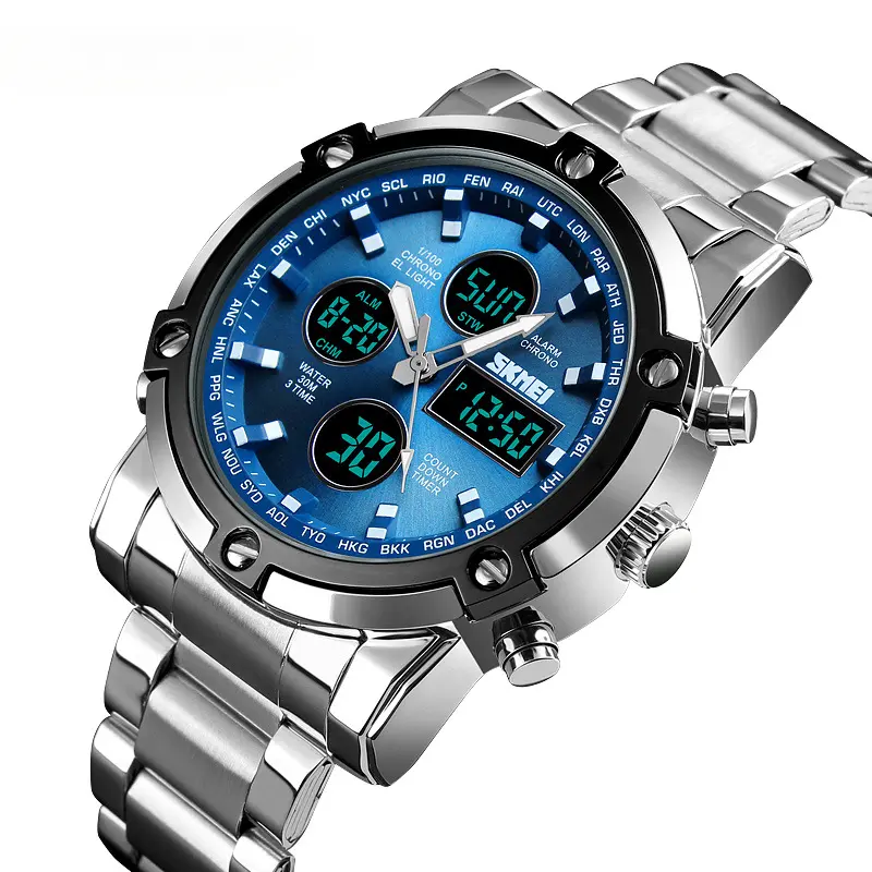 Men's Multi-Functional Electronic Watch Steel Strap Double Movement Men's Watch Large Dial Waterproof Electronic Watch Men's Fashion Watch Casual Style Stainless Steel Rust-Proof Material Quartz Movement Three-Eye Watch Metal Strap Suitable for Men's