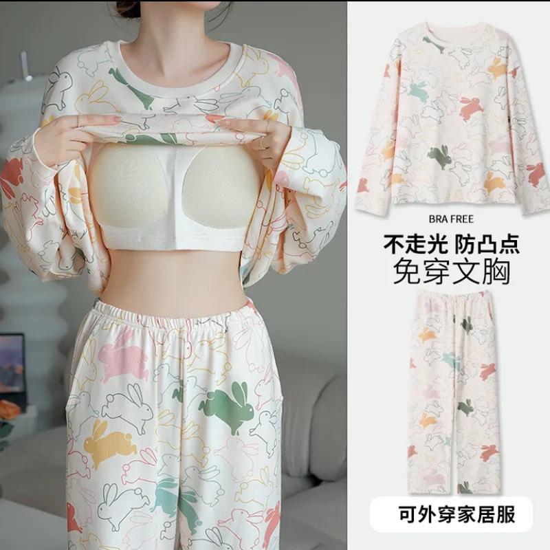 Bộ Đồ Ngủ Có Đệm Ngực Chất Liệu Cotton Nguyên Chất Thoải Mái Chất Lượng Cao Với Tay Dài Có thể Mặc Ngoài Trời Mùa Thu Và Mùa Đông Bộ Đồ Dễ Thương Hoạt Hình Che Núm Vú Cho Nữ Áo Chui Đầu Mặc Ở Nhà 8