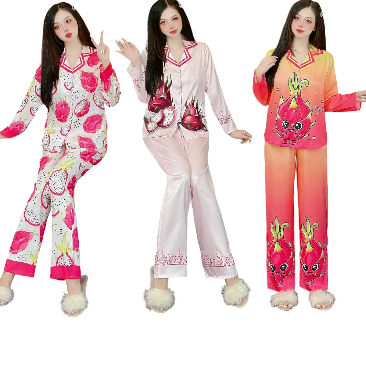 ( có Big size 45_75kg) Đồ Bộ Pijama Cho Nữ, Chất Lụa Xước Mềm Mịn,In Hình Trái Thanh Long Hót Tay Dài Quần Dài. Women Nhung Áo đồ  bộ đồ  bộ