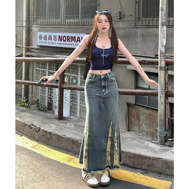 Chân váy jean đuôi cá nữ rách gấu dáng ôm nữ váy bò dài xẻ tà màu xanh V14