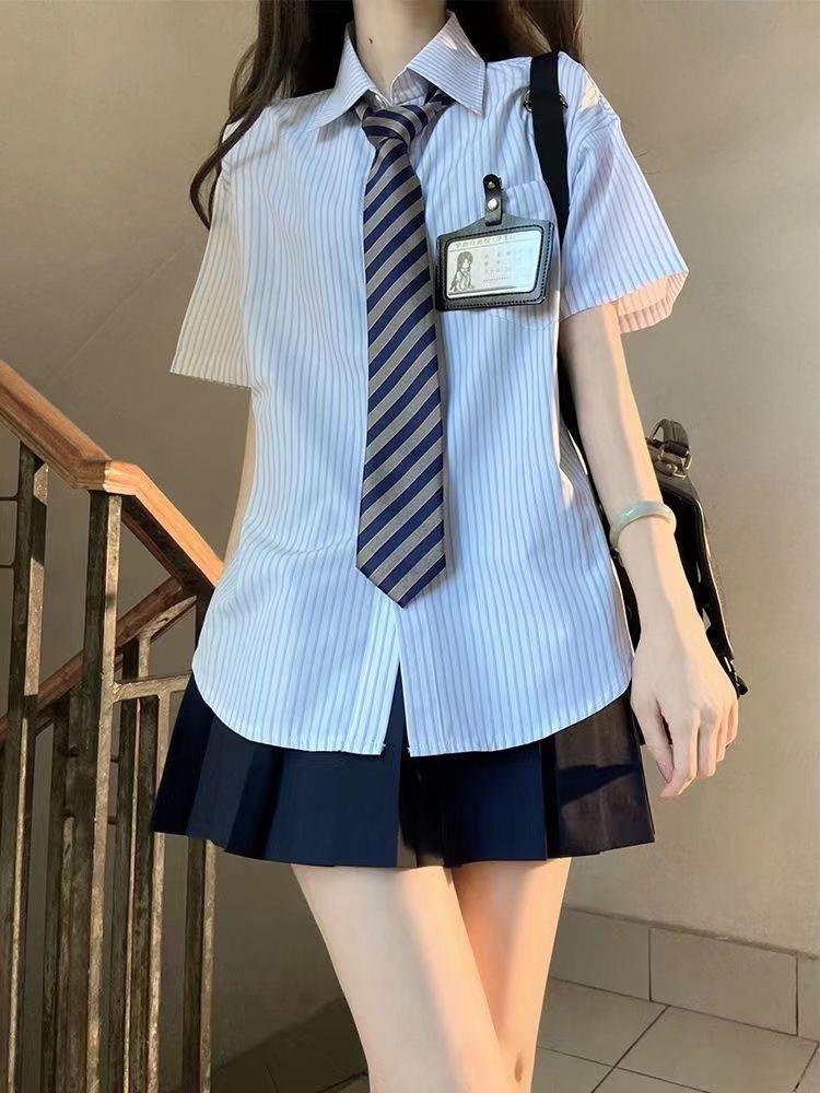 Product Introduction of Three-Piece Summer New Japanese College JK Striped Shirt Short Sleeve Student All-Matching Pleated Skirt Anti-Aging Outfits 21