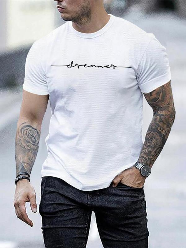 Men's Letter Print Round Neck Tee, Regular Fit Casual Short Sleeve Crew Neck T-Shirt for Summer, Fashion Men's Top for Daily Wear 6