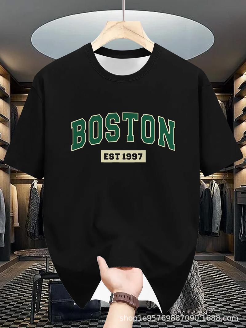 Product Introduction of Men's Casual Crew Neck T-Shirt, 100% Polyester Knit Fabric, Comfortable, Boston Print, Slightly Stretchy, Summer Short Sleeve Shirt, Versatile and Easy to Maintain, Regular Fit 6