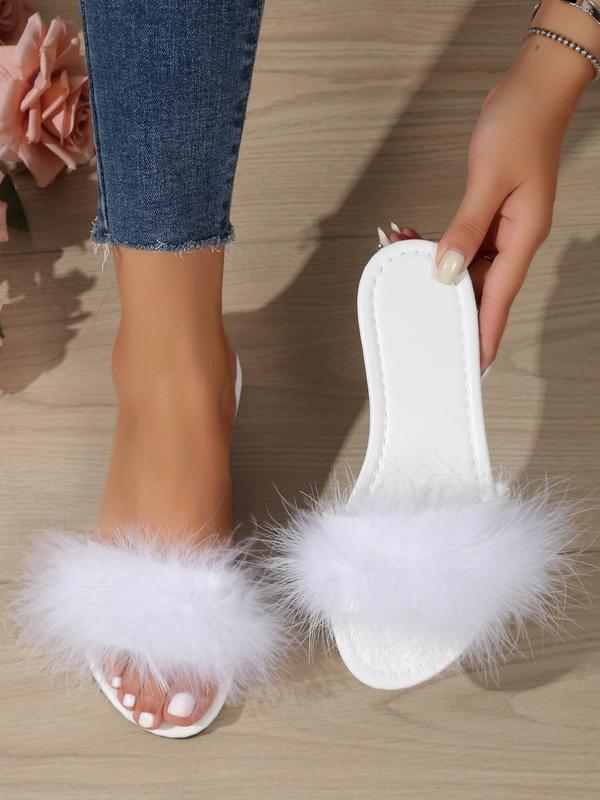 Women's Simple Plain Fluffy Slide Sandals, 1 Pair 2024 New Casual Soft Comfortable Flat Heel Sandals for Summer Beach Vacation, Fashionable Slip-on Shoes for Indoor and Outdoor Wear 1