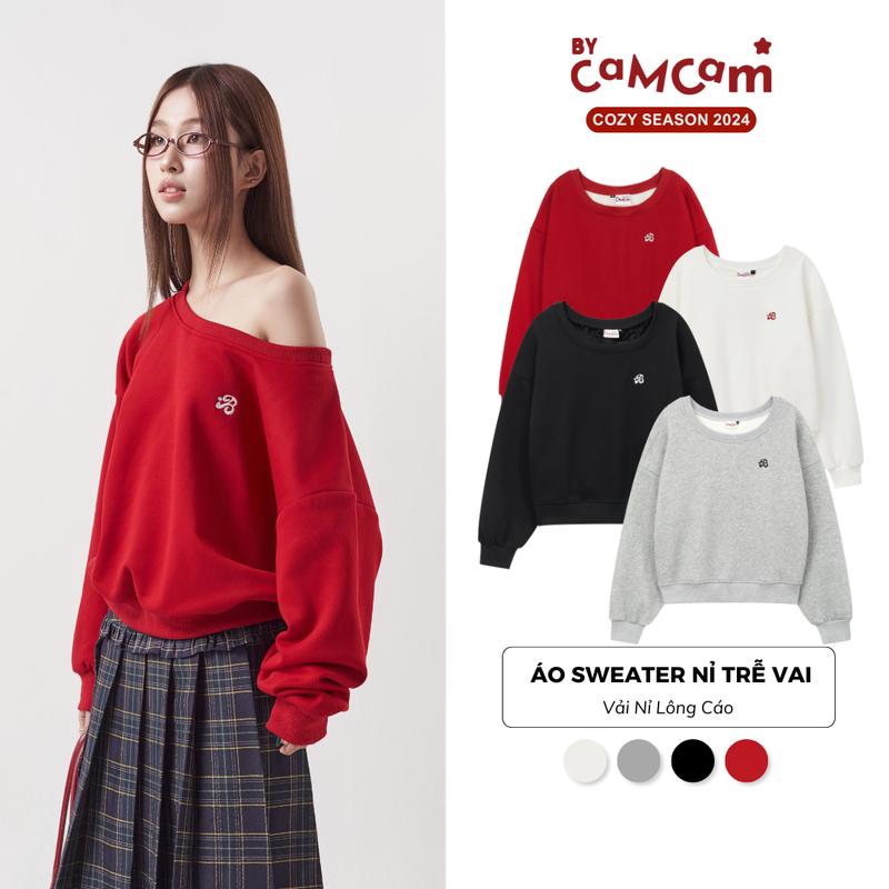 Áo Sweater TRỄ VAI Nỉ Lông Cáo Logo Mini Nhiều Màu Nữ Tính Thu Đông 2024 Bycamcam