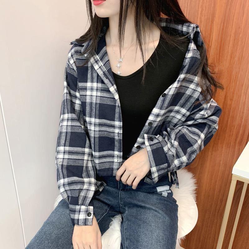 áo thun khoác sơ mi Áo Khoác Ca Rô Ngắn Dáng Rộng Phong Cách Hàn Quốc, Hàng Mới Về, Dành Cho Nữ Sinh, Thiết Kế Ca Rô Ngắn Tay Women Top 1
