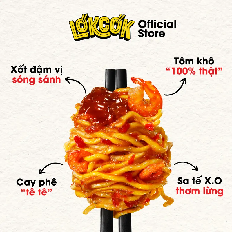 [Chính Hãng] Mì Trộn Tôm Sa Tế X.O Xốt Topping Thật LÓKCÓK (99 gram) Food Thức Ăn Cay 3