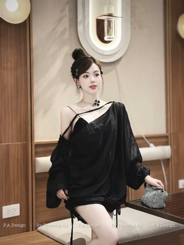 ￼[BeebeeStore] Set jumpsuit hai dây ren phối đầm lụa rút thân quyến rũ Nữ Women 7
