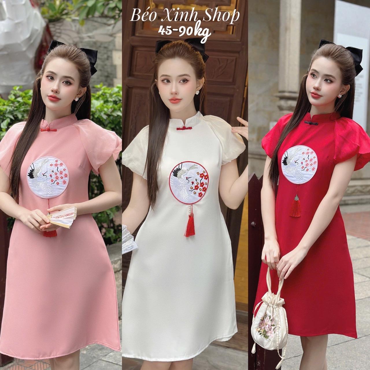 Áo Dài Cách Tân Thêu Họa Tiết Vải Lụa Chéo Cao Cấp 40-95Kg Nữ Women Dress Hồng - A.1293