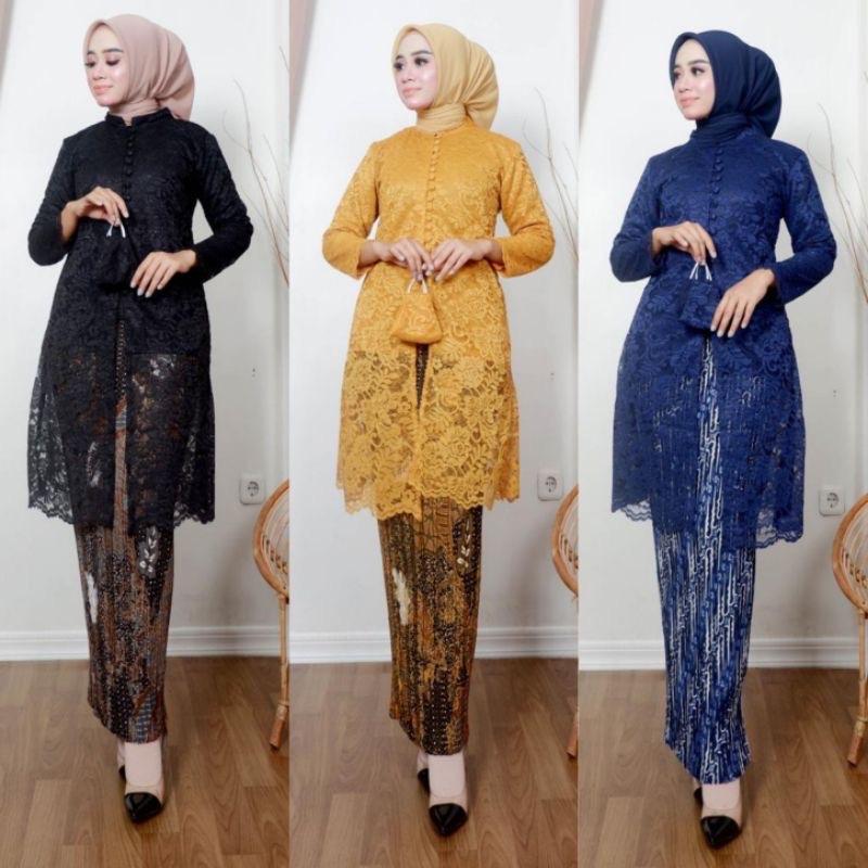 Kebaya tunik naila brukat halus premium- full kancing Polos Hitam Putih Navy Bawahan Bordir Dress Panjang Semi Wanita Pesta Atasan Seragam Setelan Kondangan Mewah Wisuda 1
