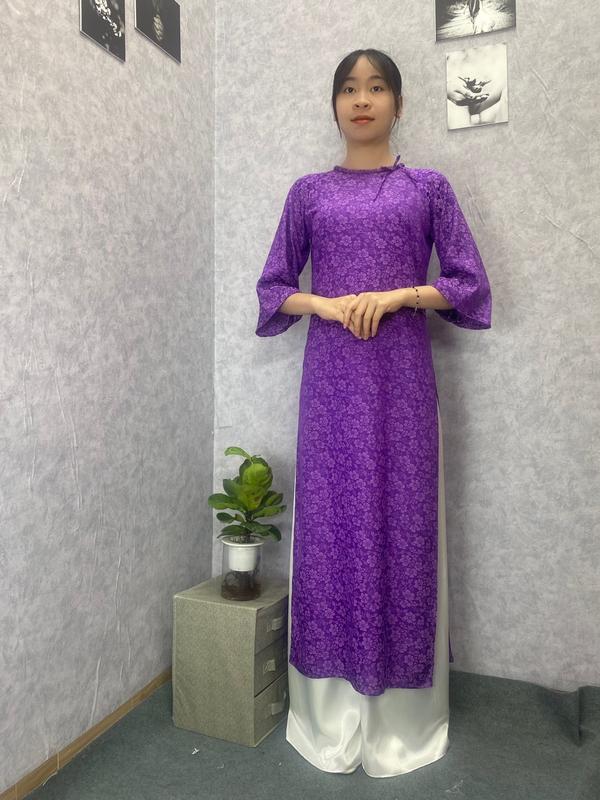 Áo dài cách tân gấp hoa cao cấp hoạ tiết hoa mai nổi dáng suông cổ tết xinh xắn mặc dịp lễ tết, cưới hỏi -Áo Dài Hà Minh Nữ Women