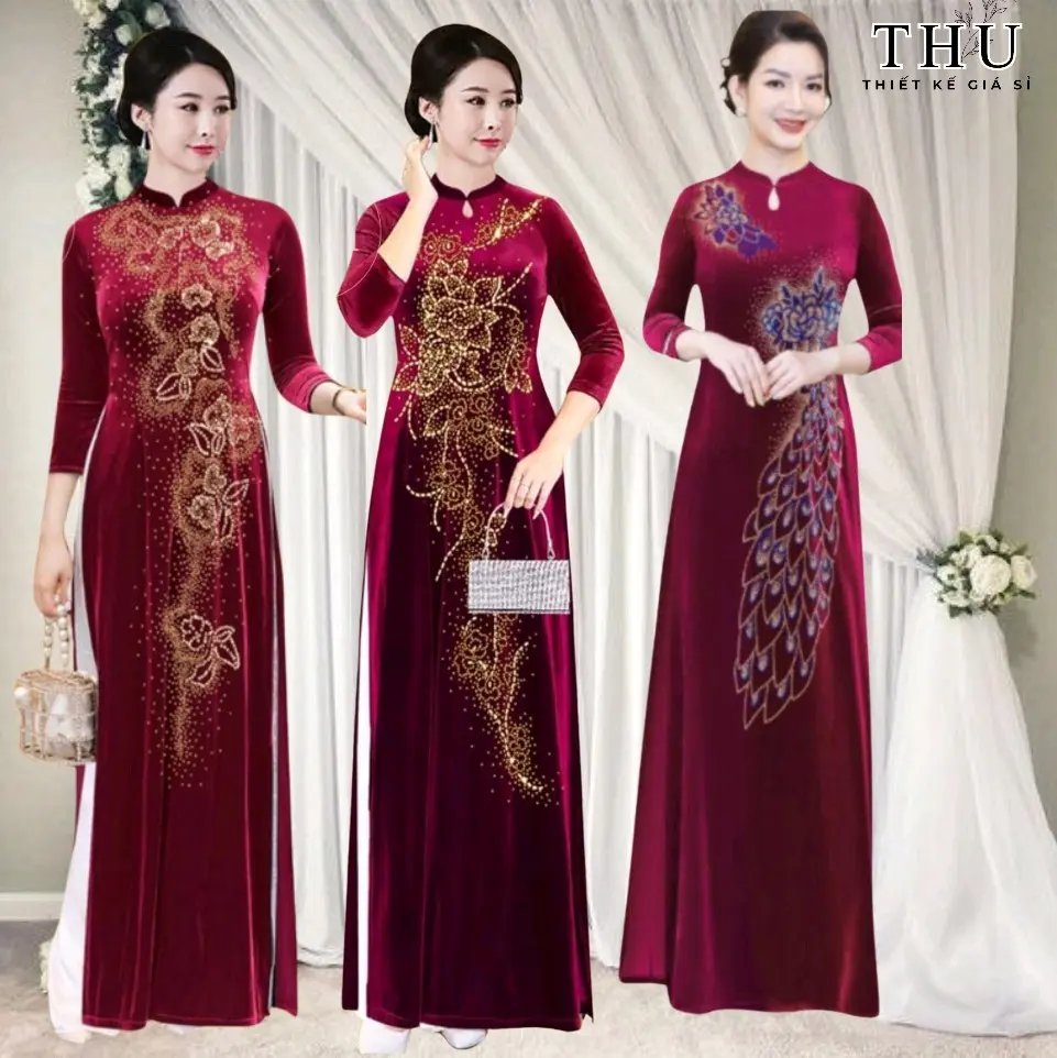 Áo dài nhung đỏ đính pha lê cao cấp cho phụ nữ trung niên phù hợp dịp lễ tết, cưới hỏi, ngồi sui(không kèm quần) váy mặc
