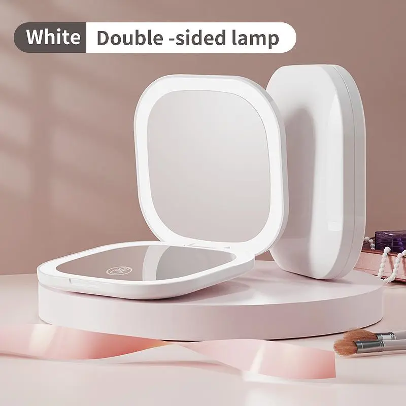 Double-sided LED Light Makeup Mirror, Portable Foldable Handheld Makeup Mirror with Touch Switch, 3-speed Brightness Adjustment Handheld LED Fill Mirror, White 3