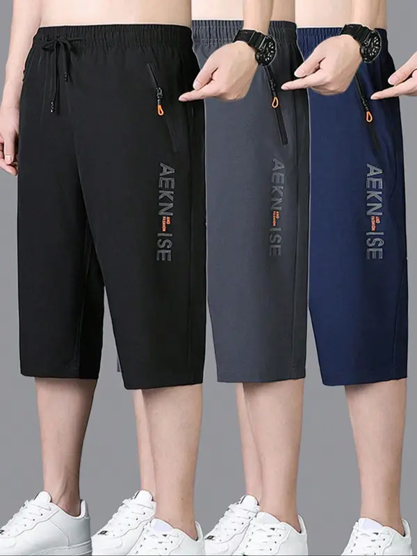 Men's Letter Print Quick Drying Capri Pants, Casual Comfy Breathable Cropped Pants for Summer, Men's Bottoms for Daily Wear 1