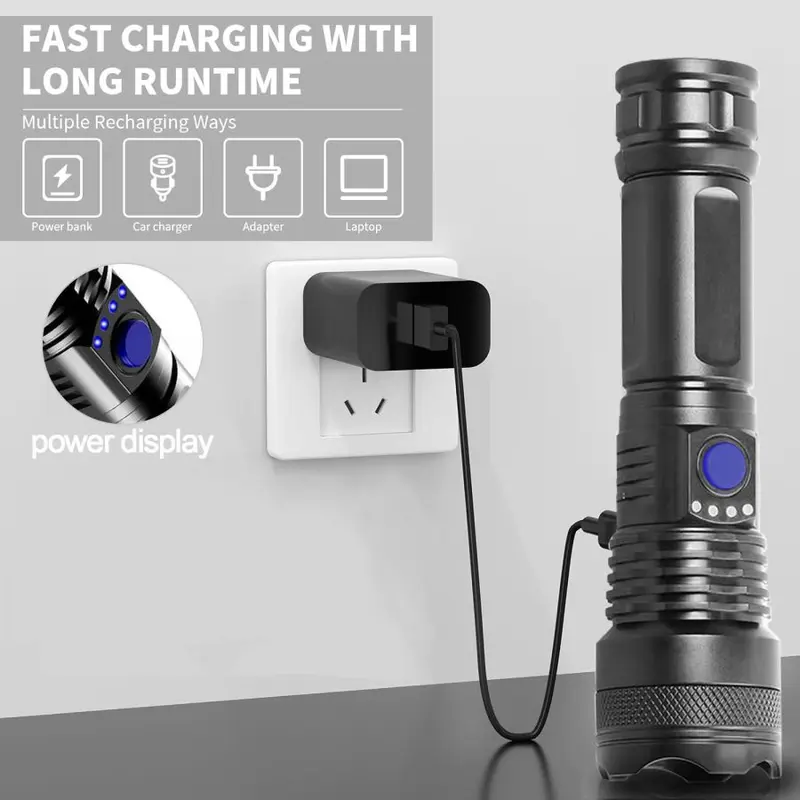 Đèn pin LED, Mạnh mẽ, Có Thể Sạc Lại USB, với màn hình hiển thị năng lượng pin, đèn pin không thấm nước, để cắm trại, câu cá, săn bắn 2