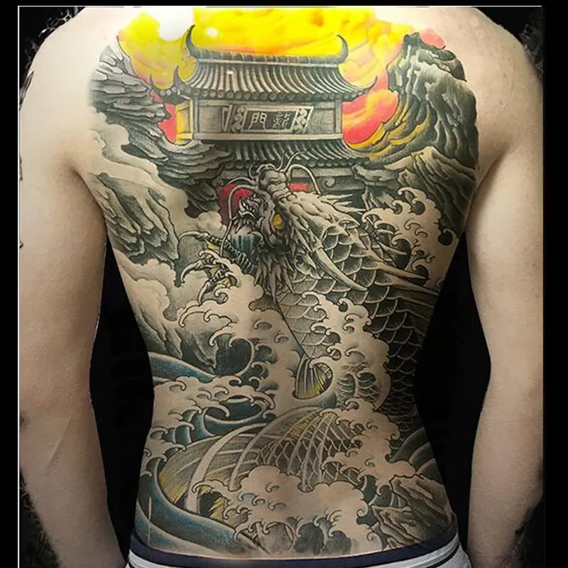 Hình Xăm Tạm Thời, Kích Thước Siêu Lớn (Cỡ: Rồng, Cá Chép, Đen Và Xám), Miếng Dán Hình Xăm Giả, Trên Ngực Và Lưng Toàn Bộ Cơ Thể, Nghệ Thuật Chuyển Nước