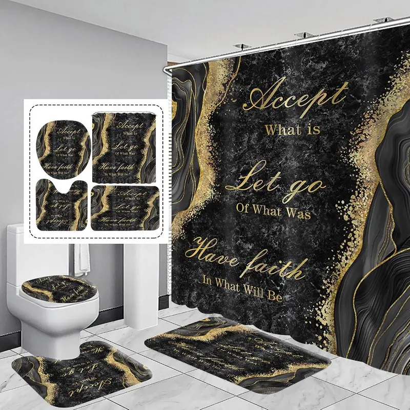 Marble Pattern Bathroom Accessories, 1 Set Including Shower Curtain with 12 Hooks, Non Slip Bath Mat, U Shaped Rug, Toilet Lid Cover, Bathroom Decor Supplies 0