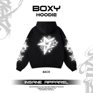 INSANE.CO Jaket Hoodie Starboy Boxy Reguler Oversize Sablon DTF Reflektif Menyala Memantulkan Cahaya Desain Terbaru Star Hitam Putih Biru Cream Fleece 280gsm 240gsm Size M L XL XXL Pria JF3 JE4 NF4 OE4