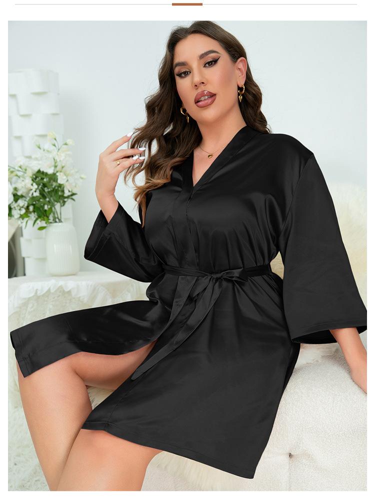 Product Introduction of 2025 new spring summer thin cross-border width plus size bathroom bathrobe casual ice silk pajamas women's home wear simple cardigan lace-up nightgown 5