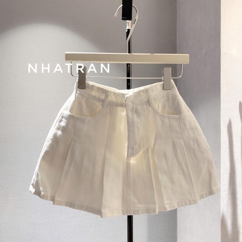 nhatran - Chân váy jean nữ phom ngắn xếp chíp ly chất Denim Cotton Women có lót quần bảo hộ DD116