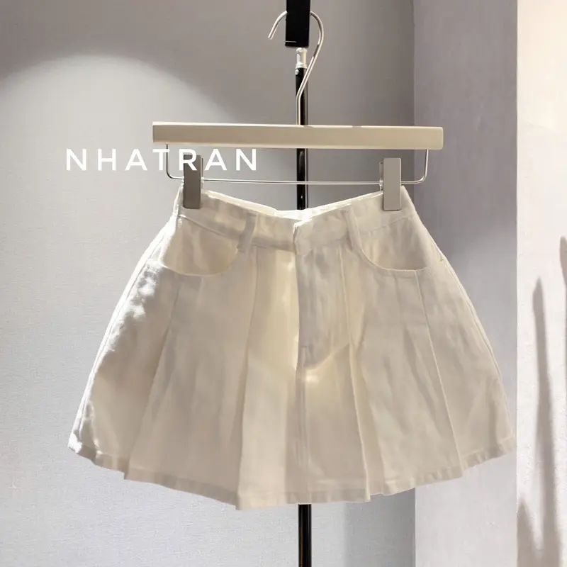 nhatran - Chân váy jean nữ phom ngắn xếp chíp ly chất Denim Cotton Women có lót quần bảo hộ DD116