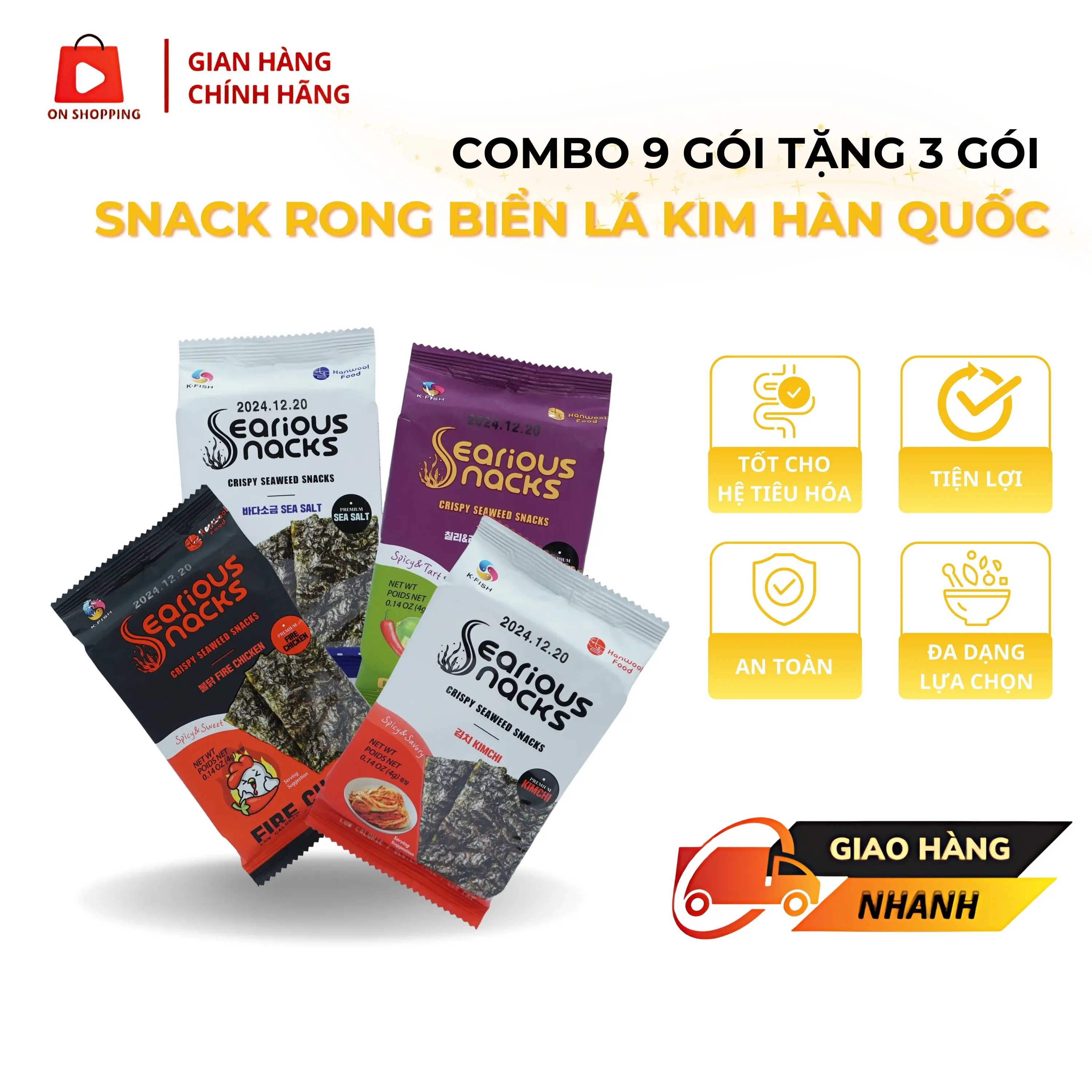 Combo 9 Gói Snack Rong Biển Lá Kim Hàn Quốc Tặng 3 Gói (4g/gói) Ăn Vặt Không Lo Tăng Cân