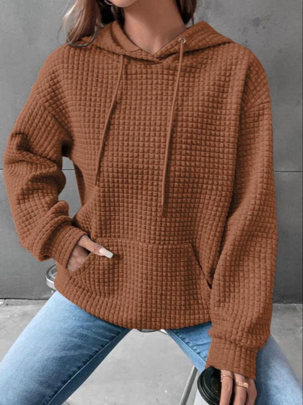 Women's Plain Textured Drawstring Drop Shoulder Hoodie, Trendy Casual Pocket Long Sleeve Hooded Sweatshirt for Autumn & Winter, Perfect Girl's Clothes for Daily Wear, Hoodies for Women 4