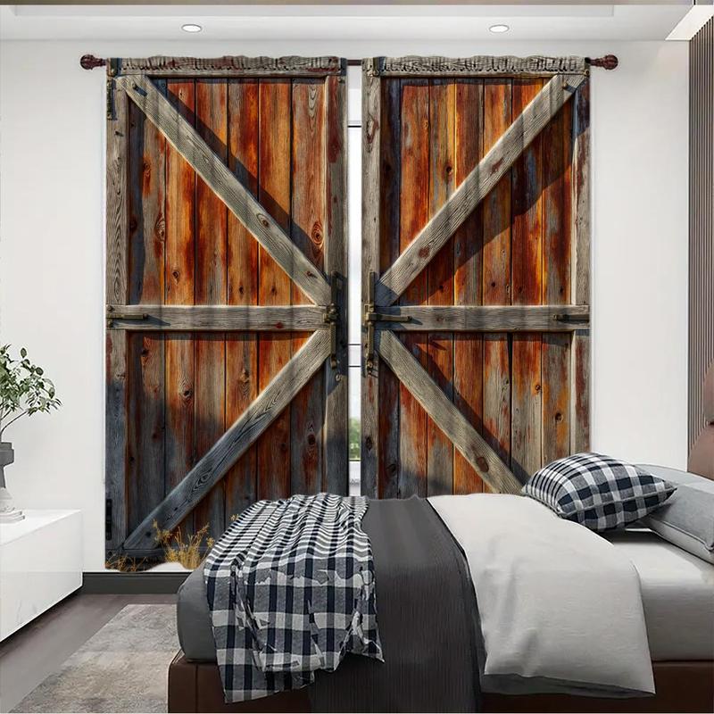 Wooden Door Pattern Printed Curtain, 1 Set Rustic Style Door Curtain with Lock, Home Decor for Living Room Bedroom, Room Divider Curtain 2
