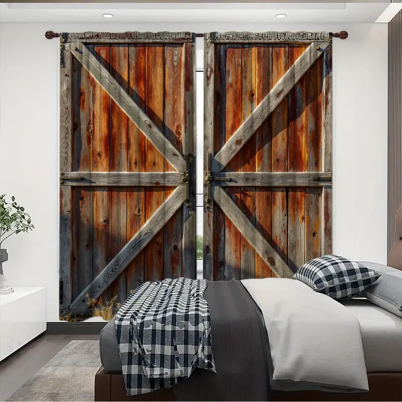 Wooden Door Pattern Printed Curtain, 1 Set Rustic Style Door Curtain with Lock, Home Decor for Living Room Bedroom, Room Divider Curtain 2