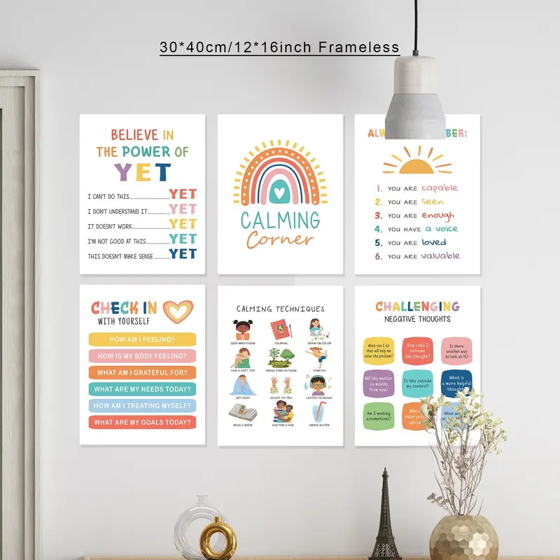 Cartoon Pattern Wall Art without Frame, 6 Counts/set Colorful English Motivational Wall Decor, Modern Canvas Wall Art for Home Living Room Bedroom 2