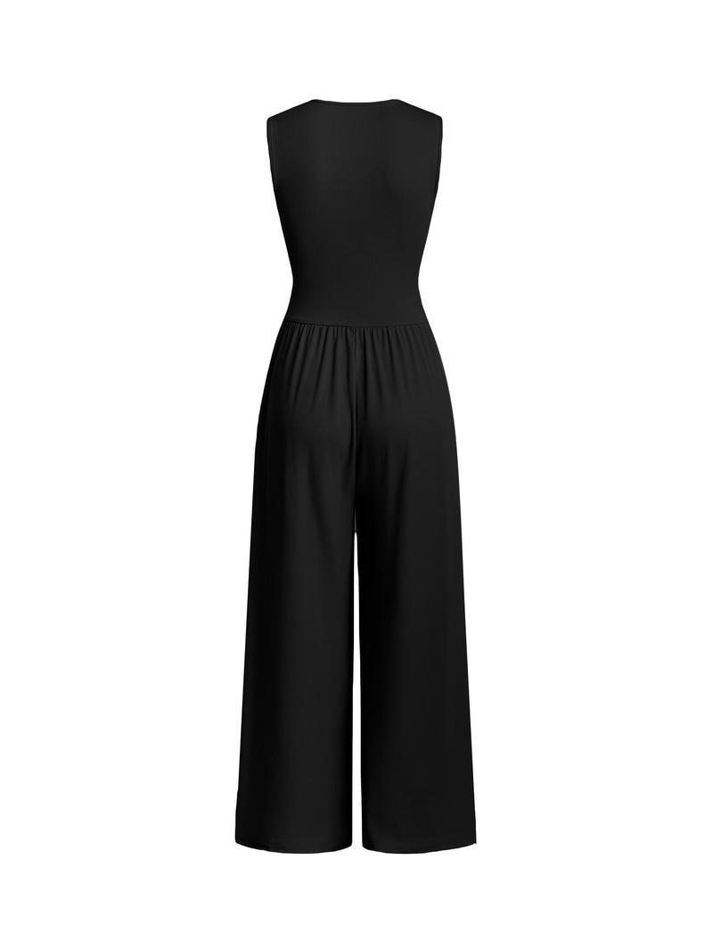 Product Introduction of Women's Plain Ruched Deep V Neck Ribbed Jumpsuit, Elegant Sleeveless Wide Leg Jumpsuit for Summer, Back to School Outfits, Ladies Clothes for Beach Holiday Vacation 10
