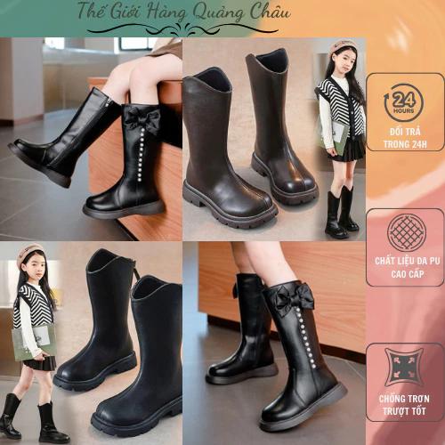 Bốt Cao Cổ Bé Gái Da PU Đính Nơ Tiểu Thư - Giày Boot Cổ Cao Bé Gái Cao Cấp (2298-0177-6688-222)