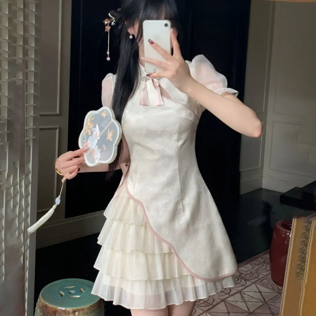 Váy Mùa Hè, Phong Cách Trung Quốc Hoa Sen Và Jin, Phong Cách Trung Quốc Mới, Đường Kim Móc Sườn Xám Ngọt Ngào Cải Tiến, Jacquard Nơ