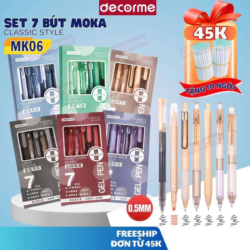 Set 7 bút MOKA MK06 Decorme full loại ngòi bút gel màu đen highlight đánh dấu thiết kế đa dạng phụ kiện văn phòng phẩm