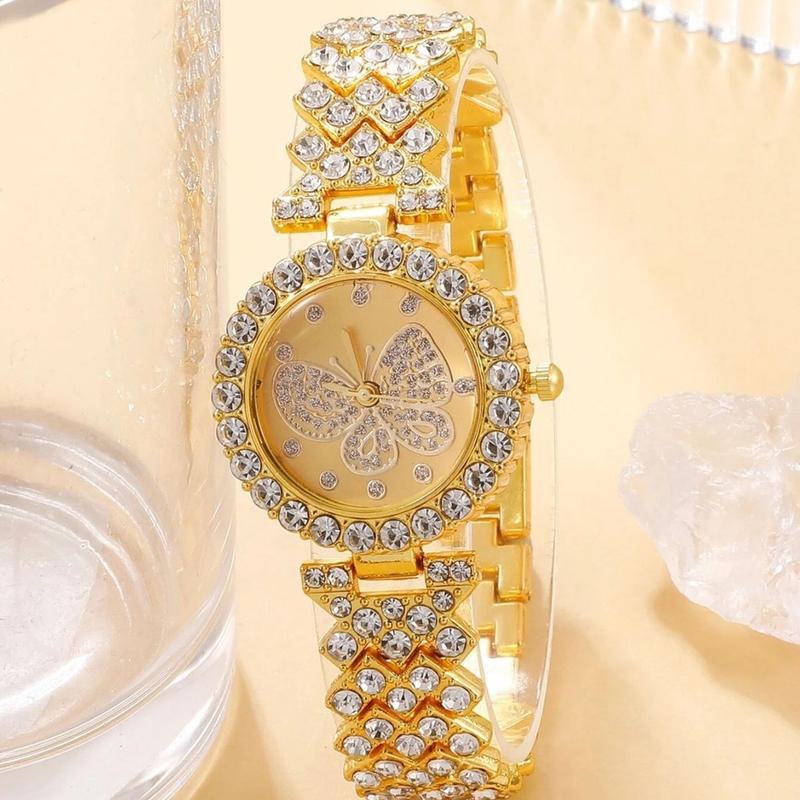 Bộ Đồng Hồ Nữ, 5 Chiếc, Kèm Bông Tai, Vòng Cổ, Vòng Tay Và Nhẫn, Thiết Kế Hình Bướm Độc Đáo Mới, Dây Thép, Đồng Hồ 4
