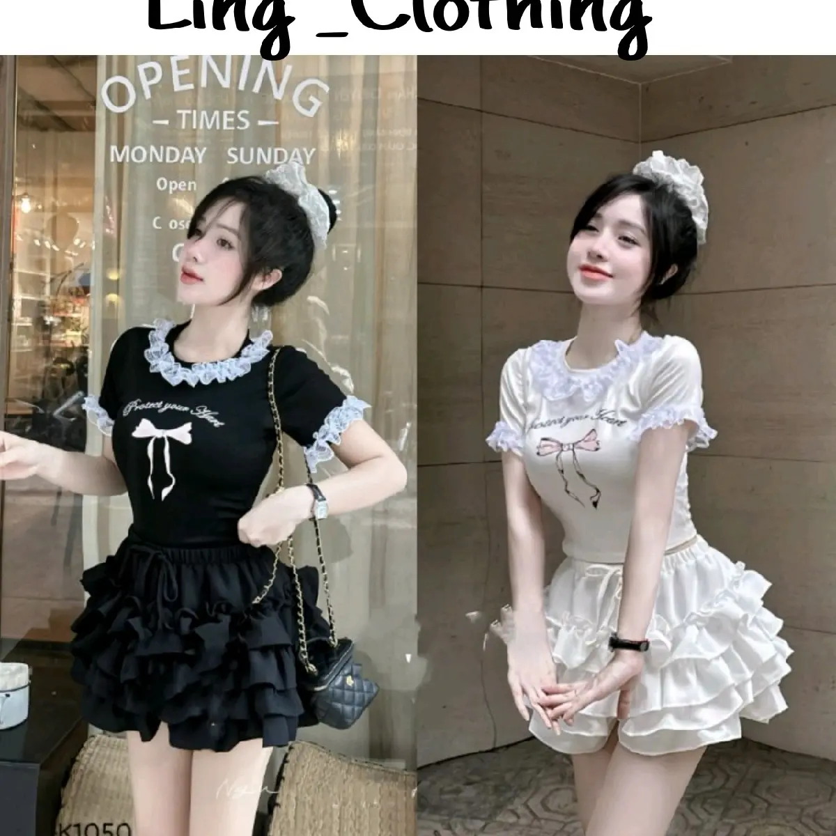 Set Áo Tăm Cổ Bèo In Nơ Chân Váy Tầng Mango