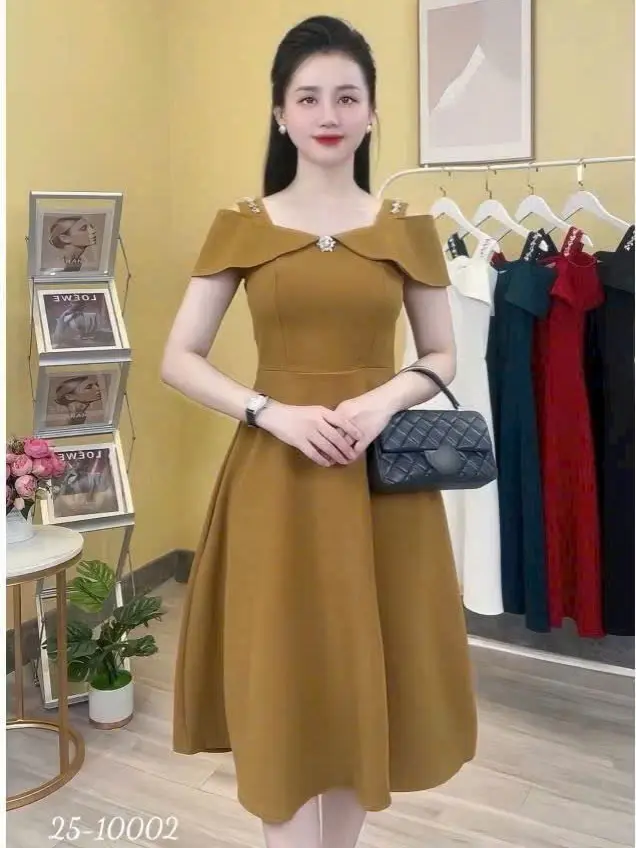 Đầm Dự Tiệc Dáng Xòe Trễ Vai Hai Dây Đính Đá Phối Tay Cánh Dơi Fullsize M L XL XXL