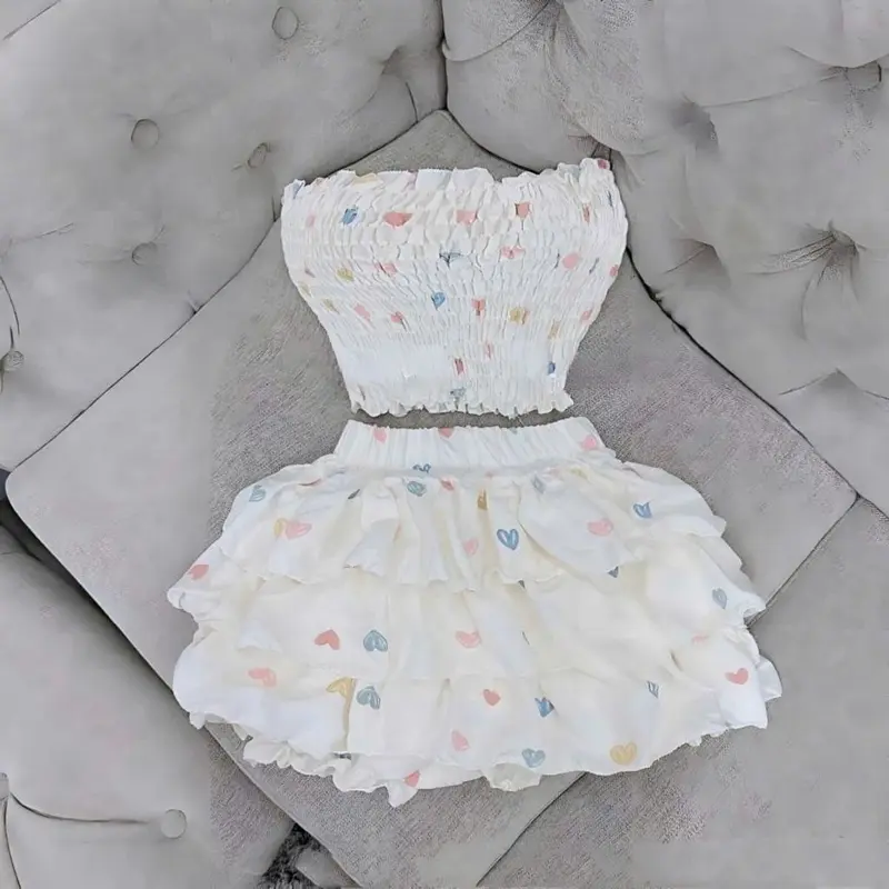 SET123 Set Áo Ống Nhún Chỉ Họa Tiết Chân Váy Tầng Nữ Women 7