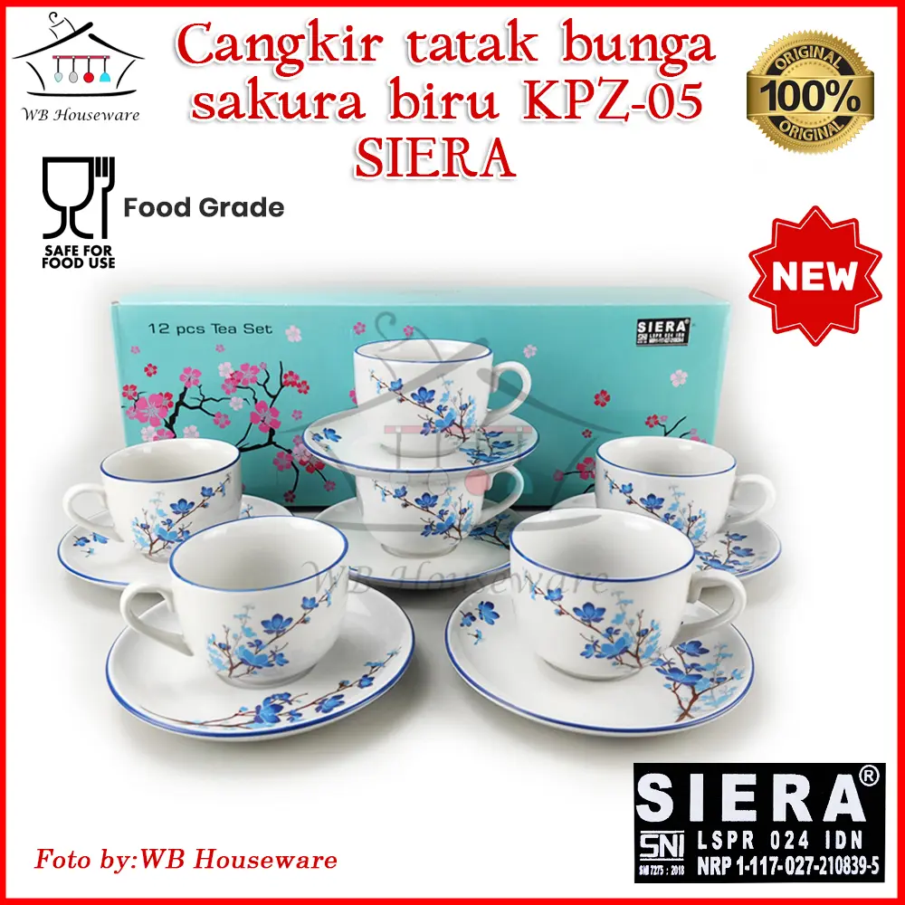 SIERA KPZ-05 Cangkir set 6 pasang motif sakura biru 220ml /  tea set coffee set cup and saucer porcelain