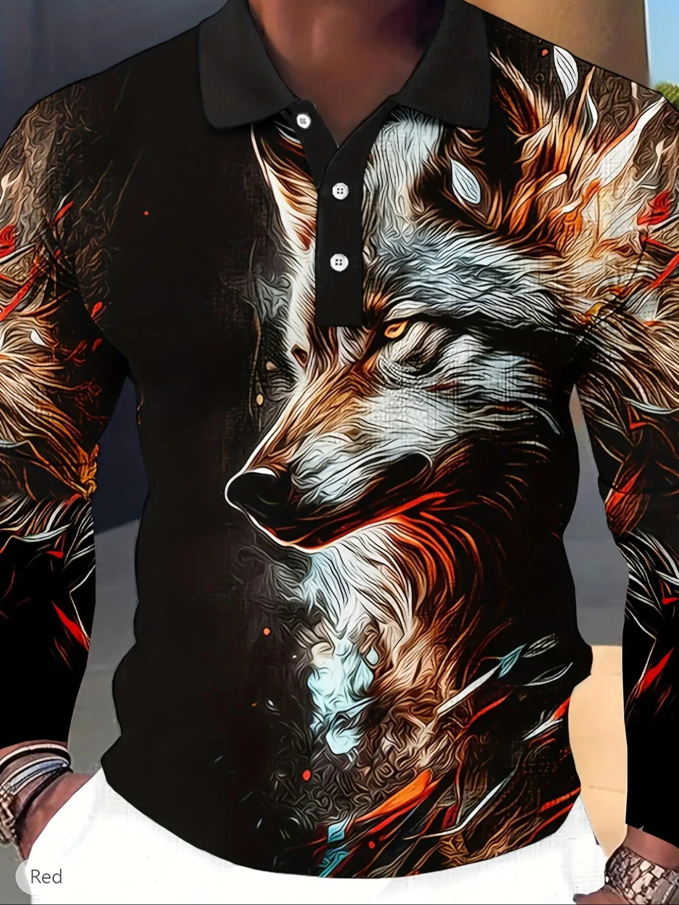 Men's Wolf Print Button Polo Shirt, Regular Fit Casual Long Sleeve Collared Top for Daily Wear, Fashion Men's Clothes for All Seasons