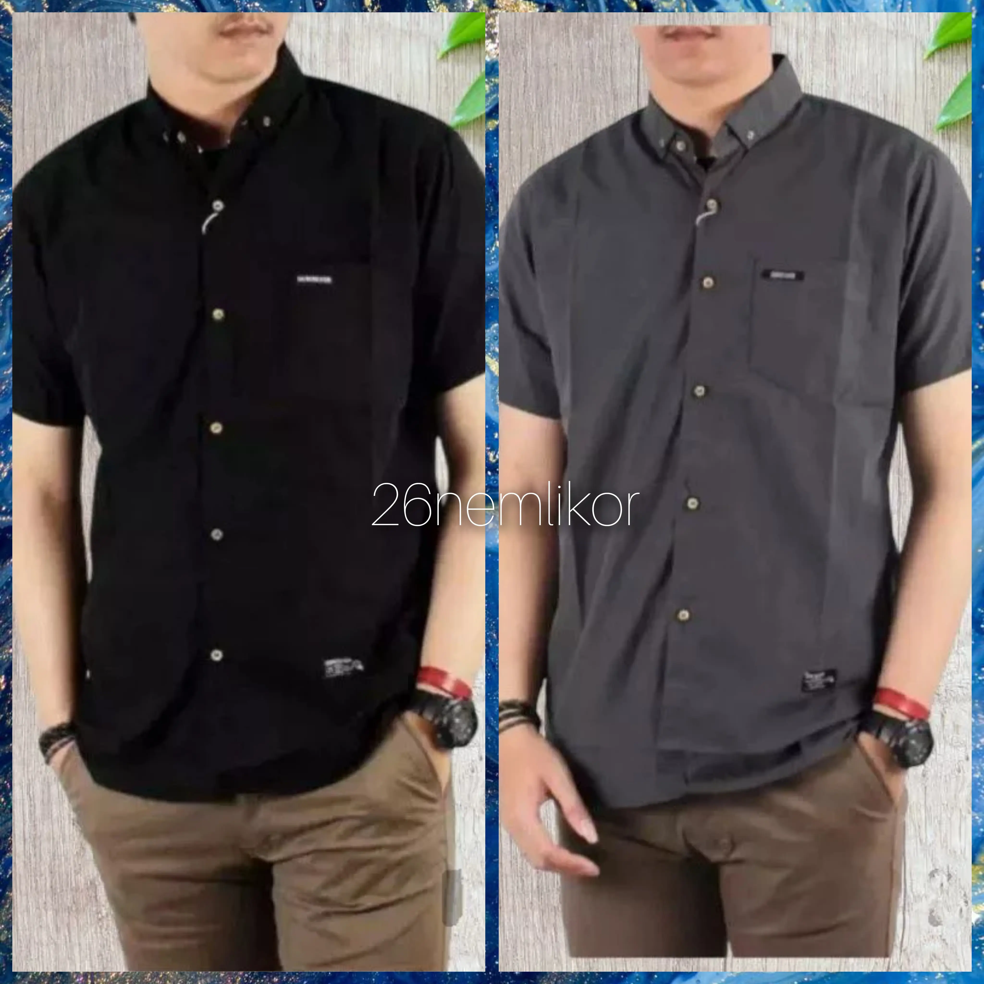 Paket murah 50 ribu dapat 2 kemeja polos lengan pendek Pria Distro Katun Hitam Motif Variasi standard sesuai gambar