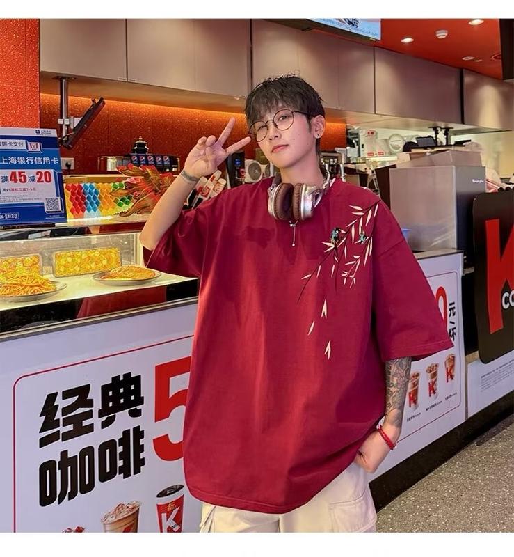Product Introduction of Popular fashion bamboo print loose T-shirt cotton print short sleeve plus size tee for men 19