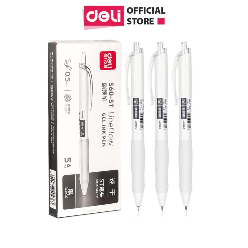 Bút gel S60-ST mực đen ngòi 0.5mm Deli - Ngòi ST nét nhỏ, có đệm tay, vỏ trắng basic Bút bi nước viết trơn tru cho học sinh văn phòng khô nhanh